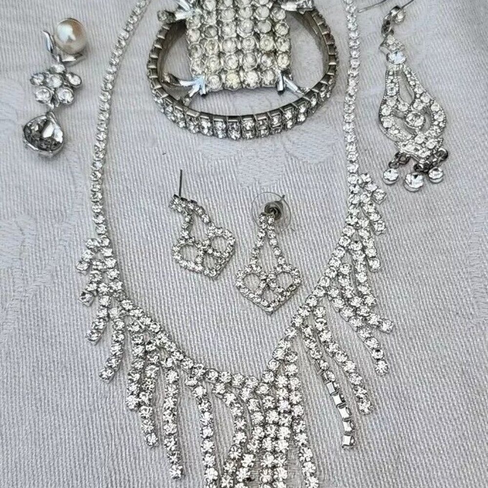 Crystal Pendant Necklace Earrings Choker Wedding Bridal Party Jewelry Set *READ*